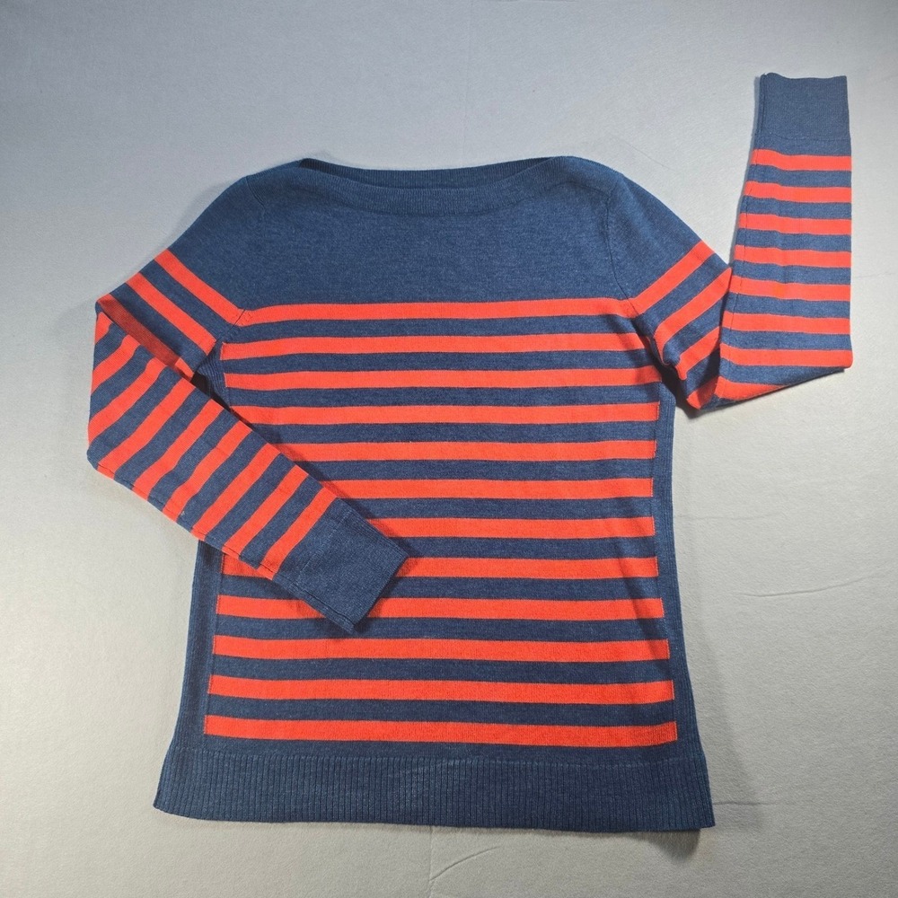 Talbots Pure Merino Wool Sweater Small Blue Orange Striped Boat Neck Classic